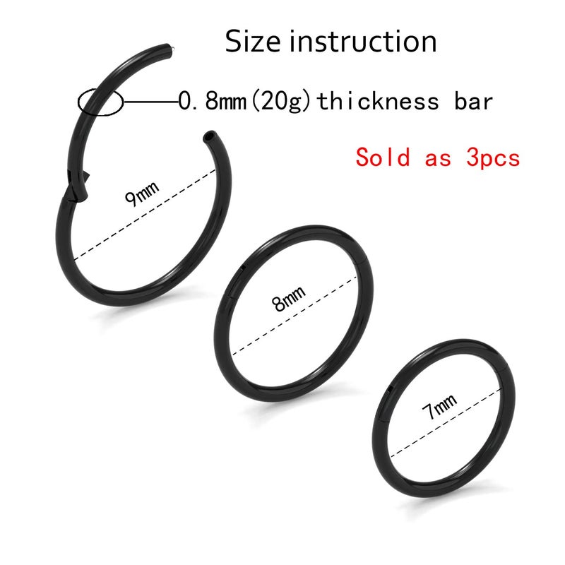 NewkeepsR 20G Black Nose Ring Hoops,0.8mm Hypoallergenic Steel Hinged Clicker Clasp Sleeper Earrings,20 Gauge Seamless Thin Lip Piercing Jewelry for Women Men-7/8/9mm - Image 2